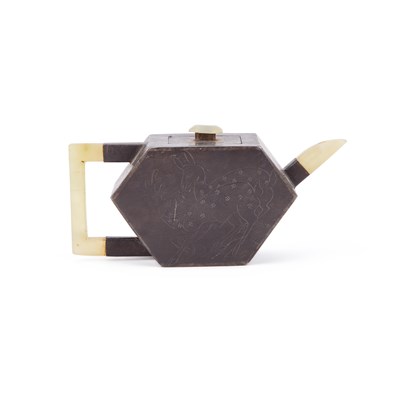 Lot 666 - A CHINESE HEXAGONAL PATINATED METAL TEAPOT