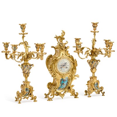 Lot 939 - A FRENCH ORMOLU AND CLOISONNÉ ENAMEL CLOCK GARNITURE
