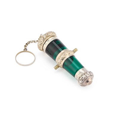 Lot 426 - A VICTORIAN SILVER-MOUNTED GREEN GLASS NOVELTY COMBINATION SCENT BOTTLE AND VINAIGRETTE