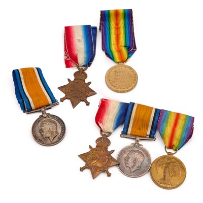 Lot 27 - TWO FIRST WORLD WAR MEDAL TRIOS