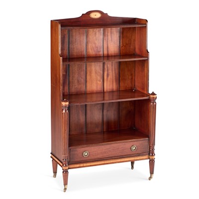 Lot 987 - A REGENCY STYLE INLAID MAHOGANY OPEN BOOKCASE