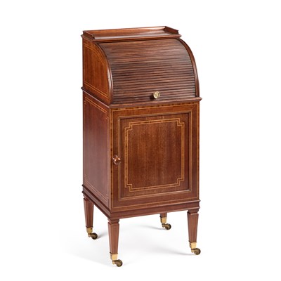 Lot 242 - AN EDWARDIAN INLAID MAHOGANY TAMBOUR SIDE CABINET