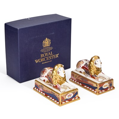 Lot 155 - A PAIR OF ROYAL WORCESTER 'TRAFALGAR LIONS'