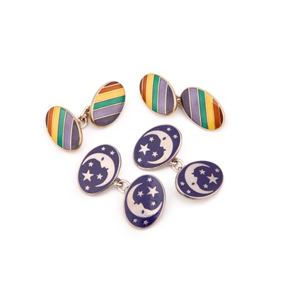 Lot 725 - TWO PAIRS OF SILVER AND ENAMEL CUFFLINKS