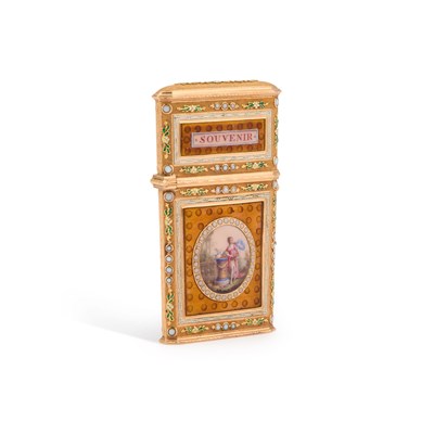 Lot 772 - A SWISS GOLD-MOUNTED ENAMELLED CARNET DE BAL