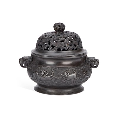 Lot 673 - A CHINESE BRONZE CENSER AND PIERCED COVER