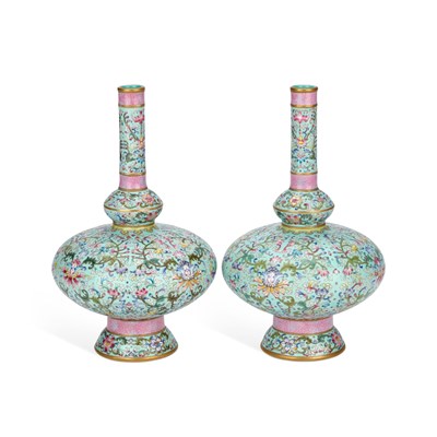 Lot 621 - A PAIR OF CHINESE FAMILLE ROSE BOTTLE VASES