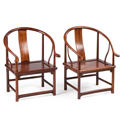Lot 1006 - A PAIR OF CHINESE HARDWOOD HORSESHOE-BACK ARMCHAIRS
