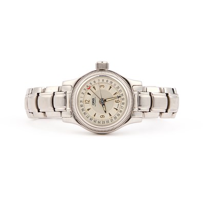 Lot 673 - A LADY'S STEEL ORIS BIG CROWN BRACELET WATCH