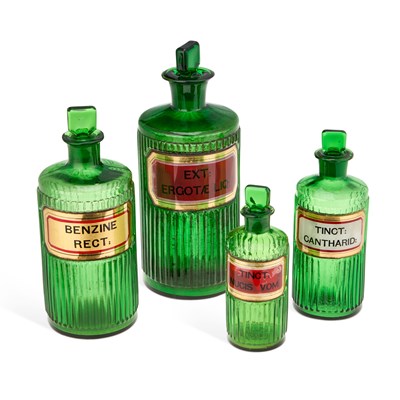 Lot 36 - FOUR GREEN GLASS APOTHECARY BOTTLES