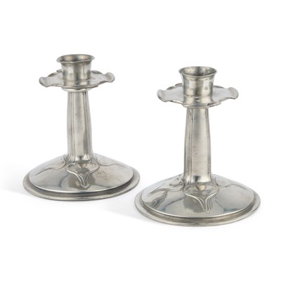 Lot 121 - ARCHIBALD KNOX (1864-1933) FOR LIBERTY & CO, A PAIR OF TUDRIC PEWTER CANDLESTICKS