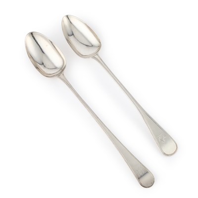 Lot 228 - TWO GEORGE III SILVER BEAD PATTERN BASTING SPOONS