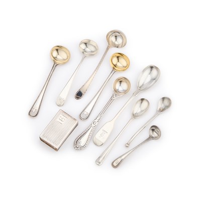 Lot 218 - A COLLECTION OF SILVER SALT SPOONS AND A SILVER MATCHBOX SLEEVE