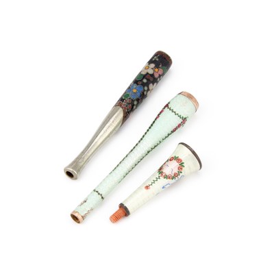 Lot 986 - THREE EARLY 20TH CENTURY ENAMEL CHEROOT HOLDERS