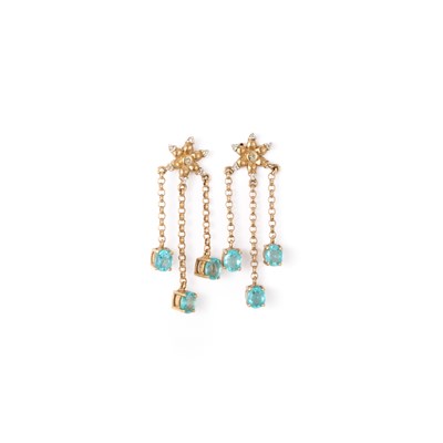 Lot 747 - A PAIR OF BLUE TOPAZ AND DIAMOND DROP EARRINGS
