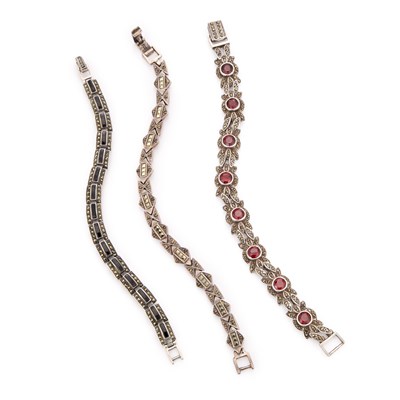 Lot 786 - THREE SILVER GEM-SET BRACELETS