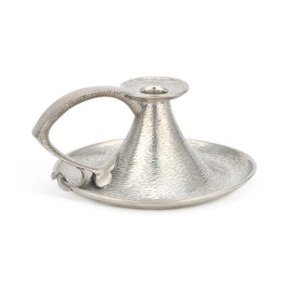 Lot 149 - LIBERTY & CO, A TUDRIC PEWTER CHAMBERSTICK, THE DESIGN ATTRIBUTED TO OLIVER BAKER