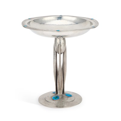 Lot 314 - ARCHIBALD KNOX (1864-1933) FOR LIBERTY & CO, A TUDRIC PEWTER AND ENAMEL TAZZA