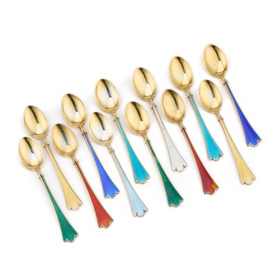 Lot 186 - A SET OF TWELVE NORWEGIAN STERLING SILVER AND ENAMEL COFFEE SPOONS