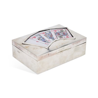 Lot 379 - A GEORGE V SILVER PLAYING CARDS TABLE BOX