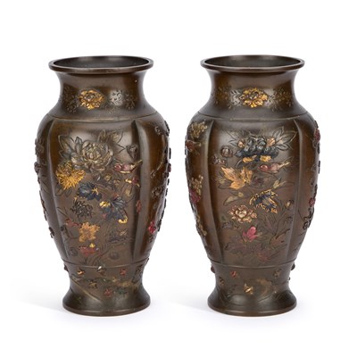 Lot 692 - A PAIR OF JAPANESE MIXED METAL BRONZE VASES