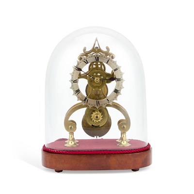 Lot 1123 - A BRASS SKELETON CLOCK UNDER A GLASS DOME