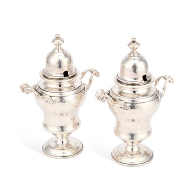 Lot 531 - A PAIR OF GEORGE II SILVER CONDIMENT VASES