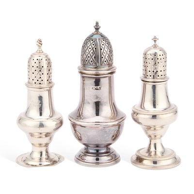 Lot 496 - TWO GEORGE III SILVER CASTERS AND A 20TH CENTURY SILVER CASTER