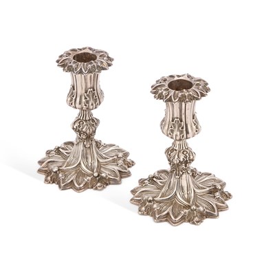 Lot 453 - A PAIR OF EARLY VICTORIAN SILVER CANDLESTICKS