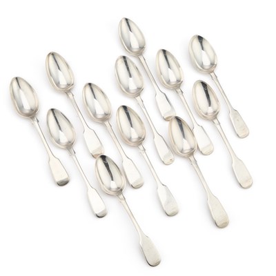 Lot 446 - A COLLECTION OF TWELVE VICTORIAN SILVER DESSERT SPOONS, FIDDLE PATTERN