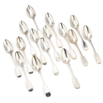 Lot 431 - A COLLECTION OF FIFTEEN ASSORTED SILVER TABLESPOONS, FIDDLE PATTERN