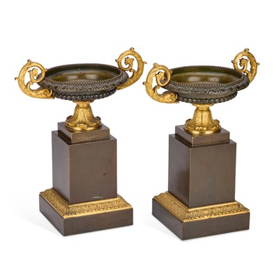 Lot 1001 - A PAIR OF 19TH CENTURY FRENCH BRONZE AND ORMOLU TAZZAS