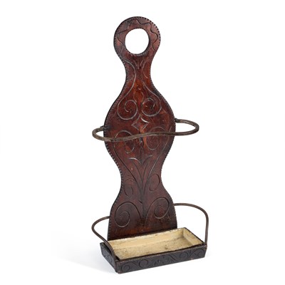 Lot 1178 - AN UNUSUAL CARVED HARDWOOD AND WROUGHT IRON STICKSTAND