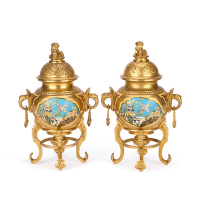 Lot 999 - A PAIR OF FRENCH GILT-BRONZE CLOISONNÉ ENAMEL COVERED VASES IN THE JAPONISME TASTE