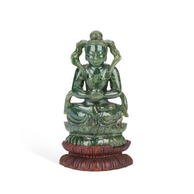 Lot 696 - A CHINESE SPINACH JADE FIGURE OF A BODHISATTVA