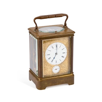 Lot 1127 - A LARGE FRENCH BRASS CASED REPEATING CARRIAGE CLOCK