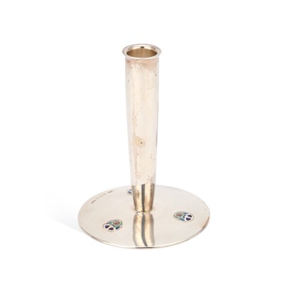Lot 283 - ARCHIBALD KNOX (1864-1933) FOR LIBERTY & CO, A CYMRIC SILVER AND ENAMEL CANDLESTICK