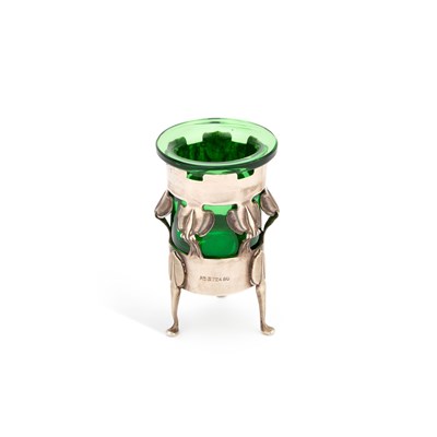Lot 343 - AN ARTS AND CRAFTS SILVER AND GREEN GLASS VASE