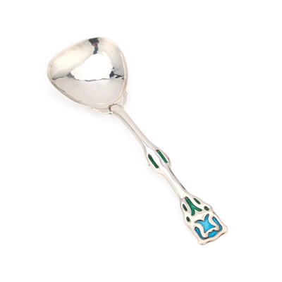 Lot 274 - AN ARTS AND CRAFTS SILVER AND ENAMEL SPOON