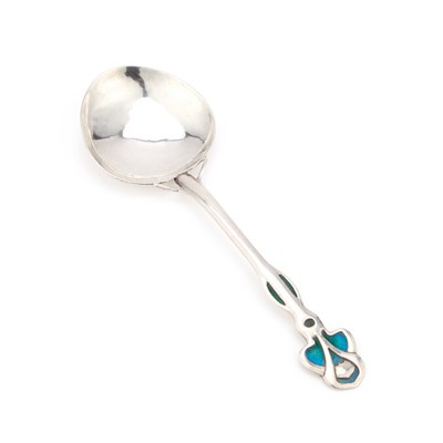 Lot 305 - AN ARTS AND CRAFTS SILVER AND ENAMEL SPOON