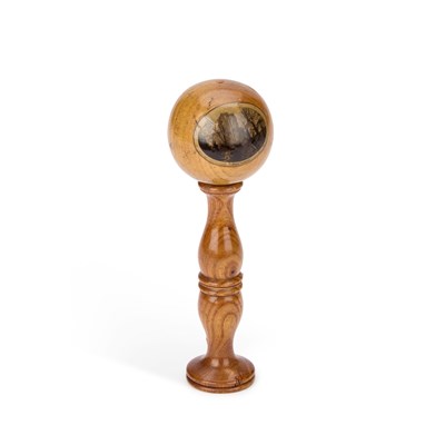 Lot 1264 - A 19TH CENTURY MAUCHLINE WARE TREEN BILBOQUET BALL AND CUP CATCHER