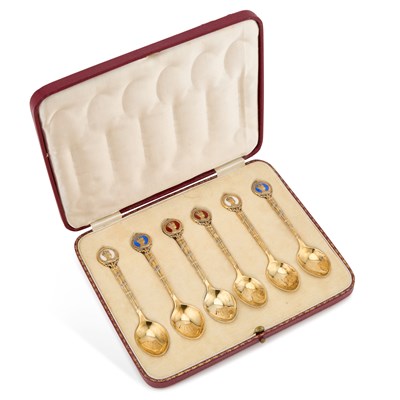 Lot 528 - A SET OF SIX EDWARD VIII SILVER-GILT AND ENAMEL ROYAL COMMEMORATIVE SPOONS