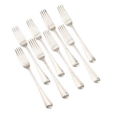 Lot 482 - A SET OF EIGHT GEORGE III SILVER FORKS