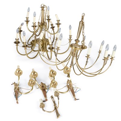 Lot 1080 - TWO BRASS CHANDELIERS AND TWO PAIRS OF WALL LIGHTS