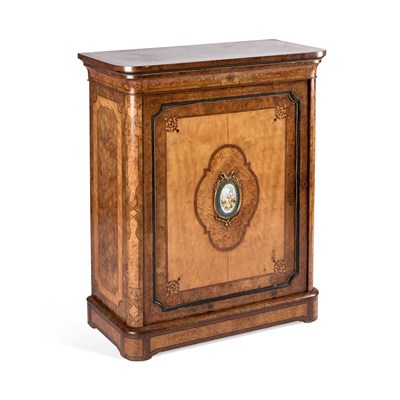 Lot 1132 - A 19TH CENTURY PORCELAIN, INLAID AND GILT-METAL MOUNTED BURR WALNUT PIER CABINET