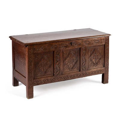 Lot 1201 - A OAK THREE-PANEL COFFER