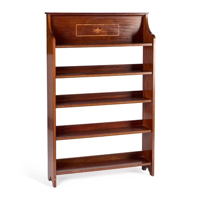 Lot 1168 - AN EDWARDIAN INLAID MAHOGANY OPEN BOOKCASE