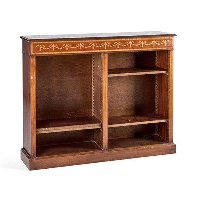 Lot 1162 - AN EDWARDIAN INLAID MAHOGANY OPEN BOOKCASE