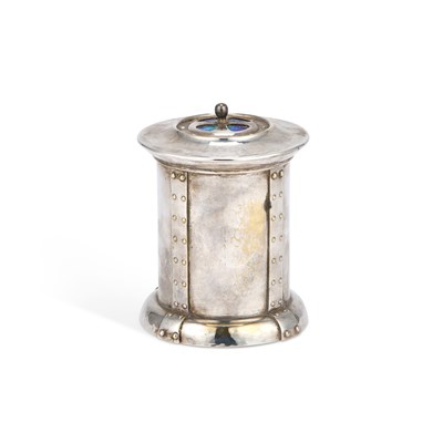 Lot 116 - AN ARTS AND CRAFTS SILVERED METAL AND ENAMEL CANISTER