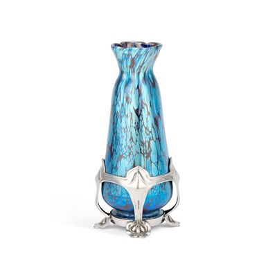 Lot 235 - A LOETZ BLUE PAPILLON VASE IN A PEWTER MOUNT BY VAN HAUTEN